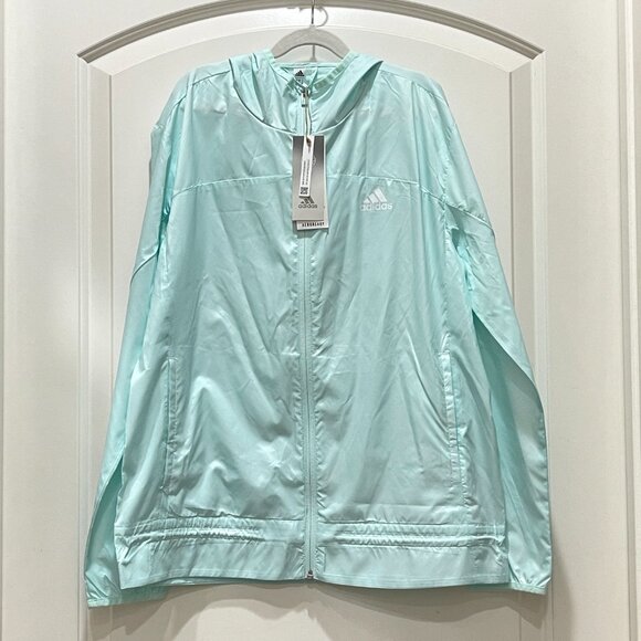 New Adidas Aeroready Jacket Small Full Zip Hood Ice Mint White Lightweight NWT - Picture 1 of 10